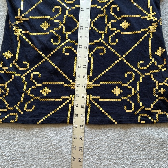 Ellen Tracy | Womens Navy Blue Short Cap Sleeve Top w/ Gold Sequins - Size M - Picture 6 of 6